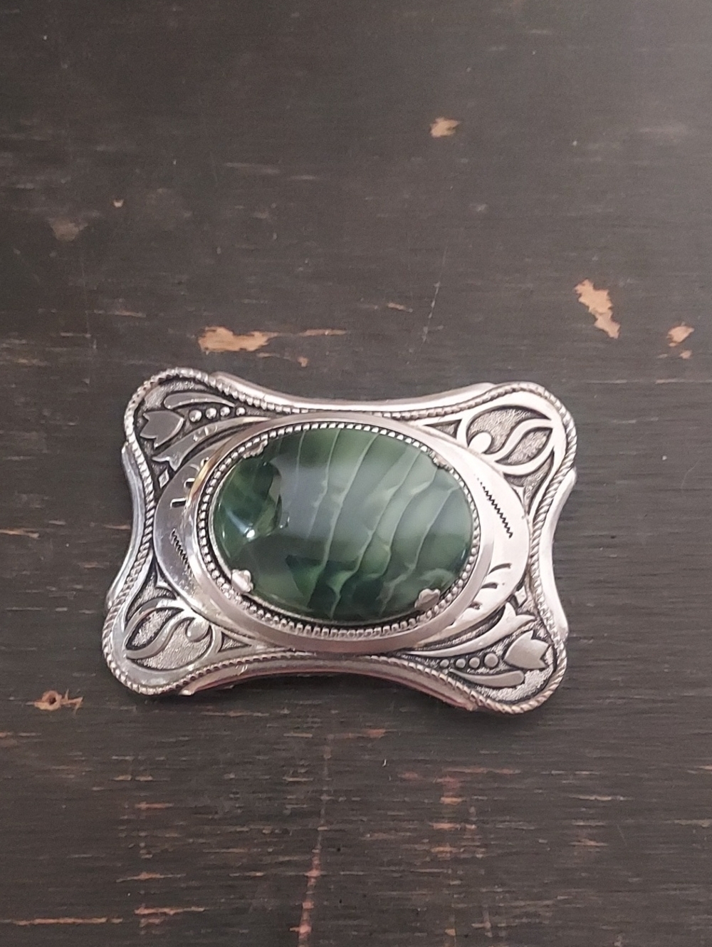 Vintage Boho Art Nouveau Scalloped Belt Buckle Green Striped Cabochon SilverTone